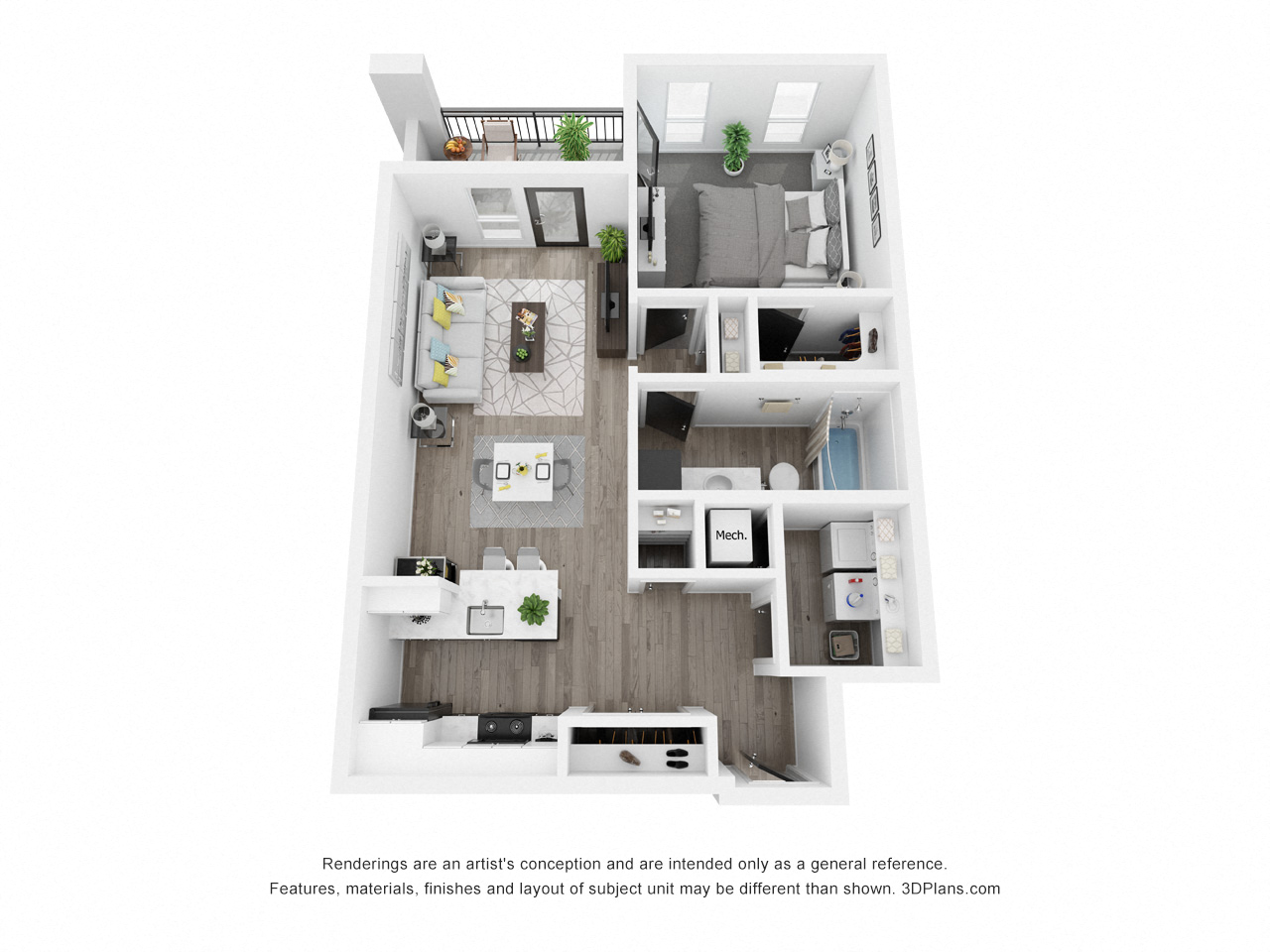 Floor plan for 1 bed, 1 bath, 758 sqft